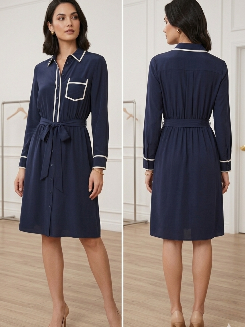 J Crew Navy Silk Shirt Dress with Contrast Trim